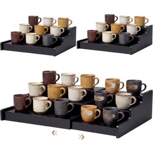 Novabright 2 Pcs 3-Tier Expandable Mug Holder Cabinet,Black | 12.4"-24" Adjustable Width, Coffee Display Shelf, Countertop and Pantry Storage, No Assembly, Space Saving Organizer
