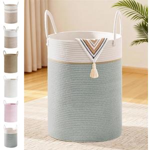 Tall Laundry Basket with Handles, 72L Portable Dirty Clothes Hamper, Boho Cotton Rope Storage Bin for Blankets Kids Toys Gifts, Large Organizer for Baby Nursery Bedroom Bathroom, Sage Green