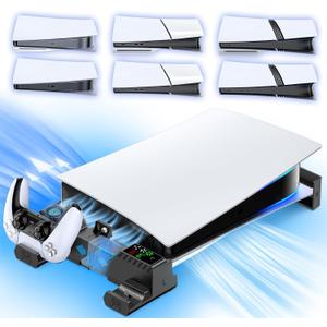 PS5/Slim/Pro Horizontal Stand with Cooling Fan & Charger for Original & Edge Controllers, Scalable Design PS5 Accessories Base with EVA Foams for All PS 5 Disc & Digital, PS 5 Sideways Stand Black