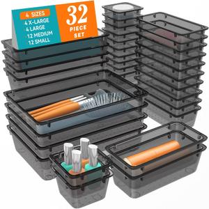 WOWBOX 32 PCS Clear Plastic Drawer Organizer Set, 4 Sizes Desk Drawer Organization and Storage Containers for Makeup, Cosmetics, Jewelry and Gadgets in Kitchen, Bathroom, Bedroom, Office, Clear Black