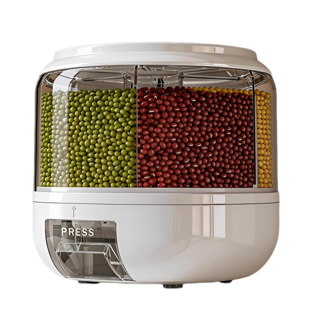 Gagee Rotating Grain Storage Container, 6 Grids 360° Rotating, Rice Dispenser, Proof Food Storage Organizer, For Grains, Beans, Peanut, Barley, Rice, Rotating White