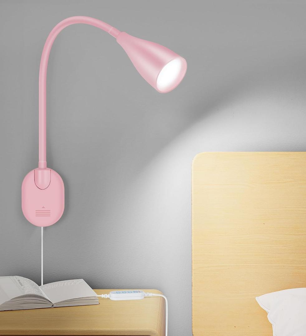 Wall-Mounted LED Bedside Reading Light with USB Charging Port, 10-Level Dimmable & Adjustable 5 Color, Plug-in Adhesive Night Lamp for Books in Bed, Eye-Caring Bedroom Lighting (Pink