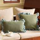 patdrea Shabby Chic Green Decorative Throw Pillow Covers 12x20 Set of 2,Farmhouse Linen Pillow Covers with Ruffles,Rectangle Sturdy Throw Pillow Case for Couch Sofa Bed Living Room