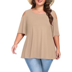 OVERWORETY Cold Shoulder Tops Women's Plus Size Tunics Bell Sleeve Casual Loose Tee T-Shirts (4X, Beige)