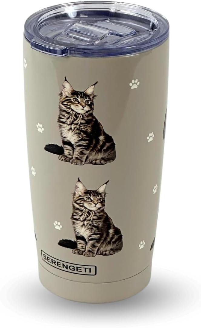 SERENGETI Maine Coon 20 Oz Stainless Steel, Vacuum Insulated Tumbler with Spill Proof Lid - 3D Print - Insulated Travel mug for Hot or Cold Drinks (Maine Coon)