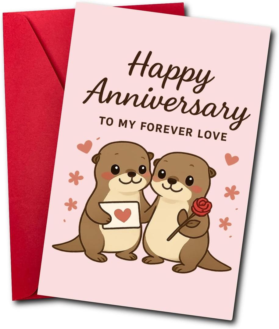 3 x Cute Otter Anniversary Card to Husband Wife Couple | Happy Anniversary Decorations Gifts for Women Men Him Her Pink Otter Half Card (HA05)