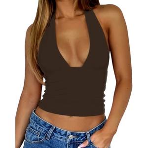ForeFair Women Sexy Halter Deep V Neck Backless Crop Tank Top Open Back Sleeveless Slim Fit Y2k Summer Tops S