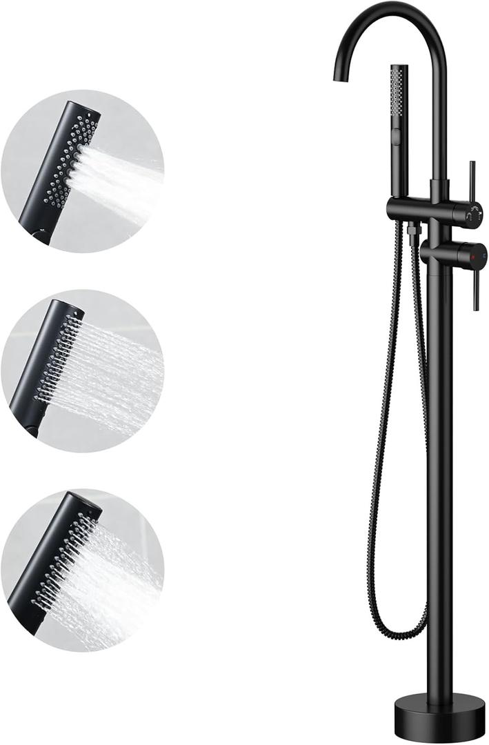 Free Standing Bathtub Faucet Set: SR SUN RISE Floor Mount Tub Filler with 3-Function Handheld Shower Head, Matte Black High Flow Brass Freestanding Shower Faucet