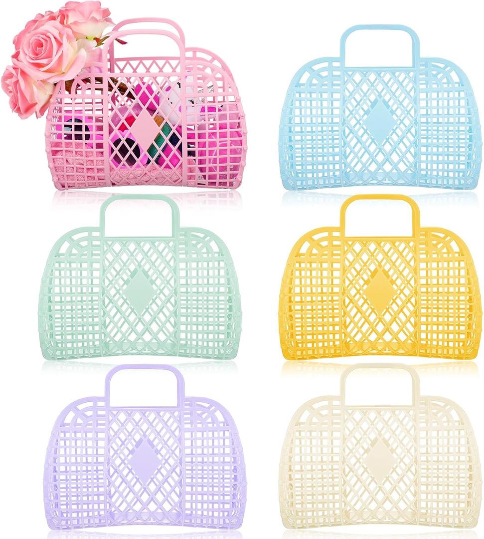Silkfly 6 Pcs Jelly Tote Bags Plastic Easter Baskets for Egg Hunting Wedding Beach Gifts Purse Bags for Spring Party Favor(Bright Color,Small)