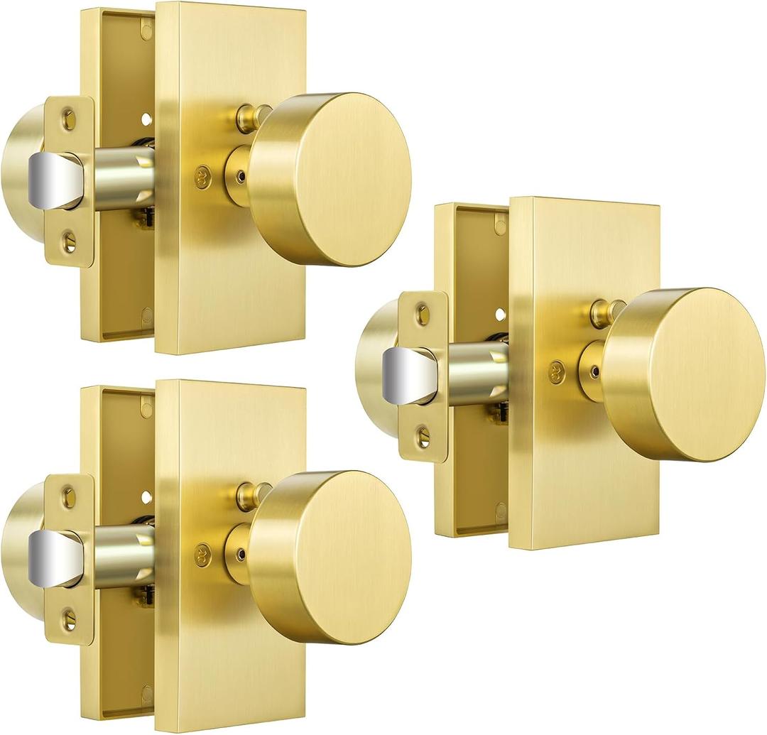 Satin Brass Privacy Door Knobs, 3 Pack Zinc Alloy Heavy DutyDoor Knob, Brushed Gold Door Knobs Interior, Rectangular Modern Door Knob for Bedroom, Bathroom