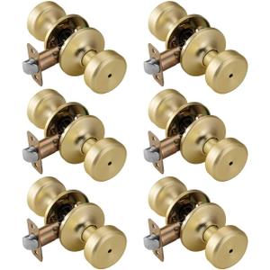 6 Pack Satin Brass Interior Door Knobs, Pismo Gold Door Knob with Lock, Privacy Door Handles Interior for Bath & Bed
