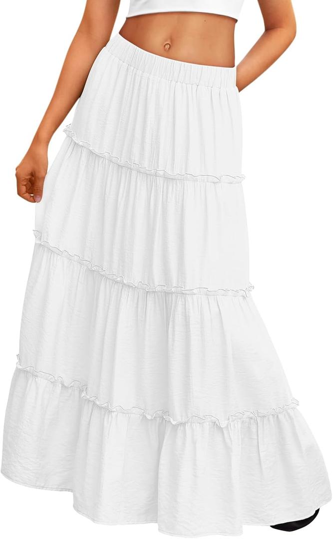 Trendy Queen Beach Vacation Clothes Maxi Skirts for Women Summer Outfits Maxi Skirt 2026 White Dress Longe Flowy Boho Dresses with Pockets M