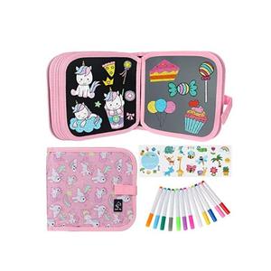 Erasable Book Doodle Set for Kids,Magic Drawing Book for Kids,Reusable Drawing Book 12 Watercolor Pens 14 Page Drawing,Road Trip Car Game Writing Painting Set for Boys and Girls (Pink Unicorn)
