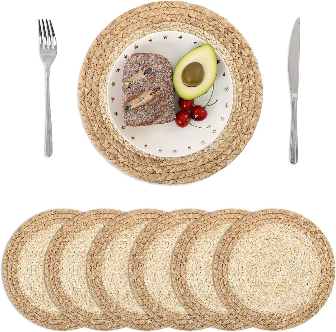 SHACOS 12 inch Round Woven Placemats Set of 6 Natural Corn Husk Water Hyacinth Place Mats Handmade Boho Braided Straw Rattan Table Mats Plate Chargers for Home Wedding Party Table Decor