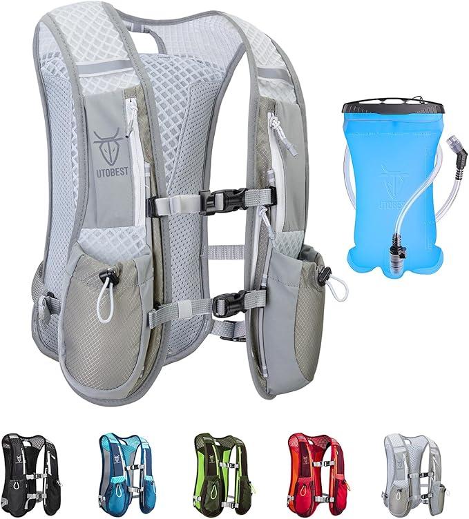 UTOBEST Running Vest, 5L Hydration Backpack Lightweight, Breathable and Sweatproof, Adjustable for Trail Marathon Race Jogging Cycling, Gray With 1.5l Bladder