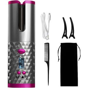 Automatic Rotating Curling Iron - Cordless Curling Iron Beach Waves Styler Curling Wand, Portable Hair Curler Wand Set, 500 Million Ionic, Dual Voltage & Lightweight for Travel