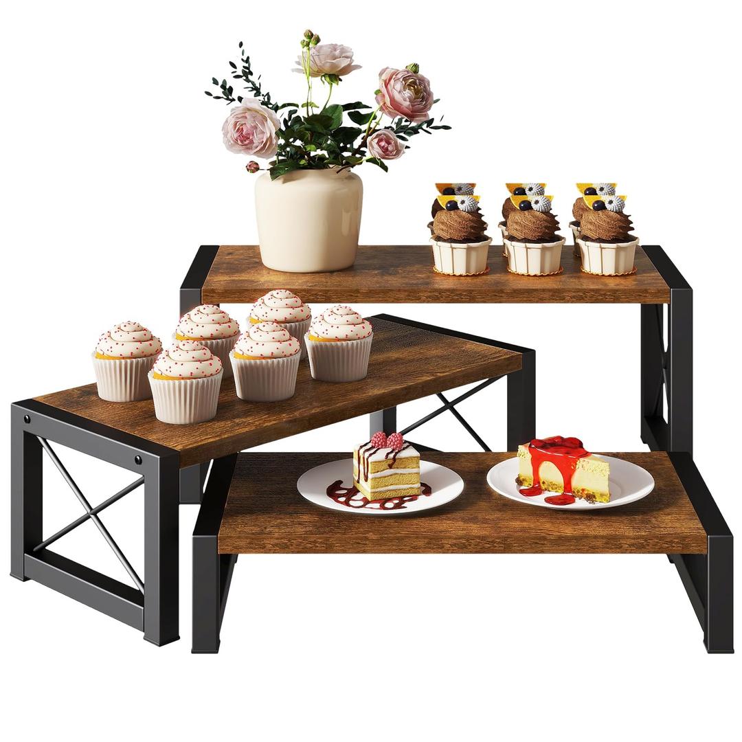 IBUYKE 4 Tier cupcake stand,Wooden Risers Display Stands,Tiered Display Stand for food,Dessert Table Display for Party,Afternoon tea, Family Gatherings,Rustic Brown UTLJ018H