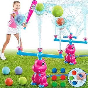 VATOS Water Sprinkler Baseball Outdoor Toy for Kids, 4 in 1 Dinosaur 360° Spin Sprinkler Water Tee-Ball & Ball, Summer Fun Play Games Outside Backyard Yard Garden Lawn for Toddlers Boys Girls