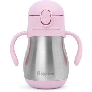 Stainless Steel Sippy Straw Cup for Toddlers 1-3 Years Old, Insulated Toddler Water Bottle Baby Training Tumbler with Handles, 8oz Kids Straw Cups for Travel, Daycare & At Home, Pink
