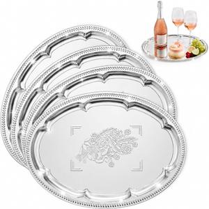 4 Pack Large Silver Serving Trays Set, Tableware Platters for Whiskey, Cookies,Snacks, Desserts, Party Food Display (15.7" x 11.8", Oval)