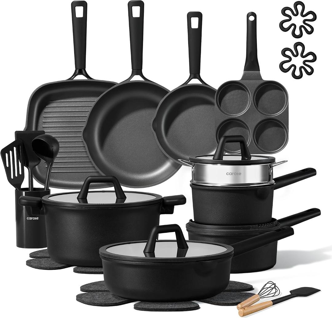 CAROTE 28PCS Pots and Pans Set, Nonstick Cookware Set Kitchen Non Stick Induction Titanium Cookware Non-toxic Granite Cooking set, PFOA Free, Black, 28 Piece