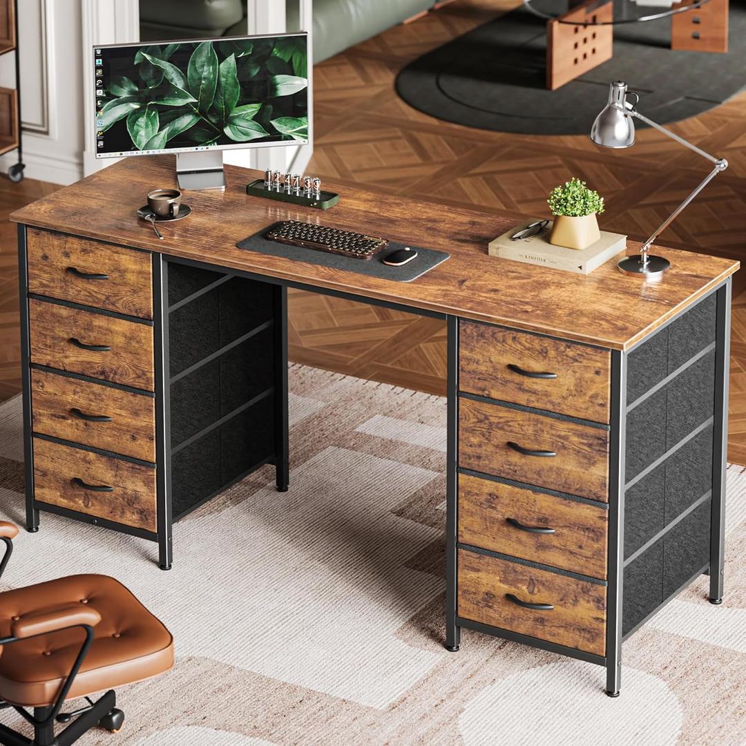 Huuger 55 Inch Computer Desk with 8 Fabric Drawers, Office Desk Work Desk for Home Office, Study, Gaming Desk with Drawers, Large Storage, Rustic Brown (54 inch)