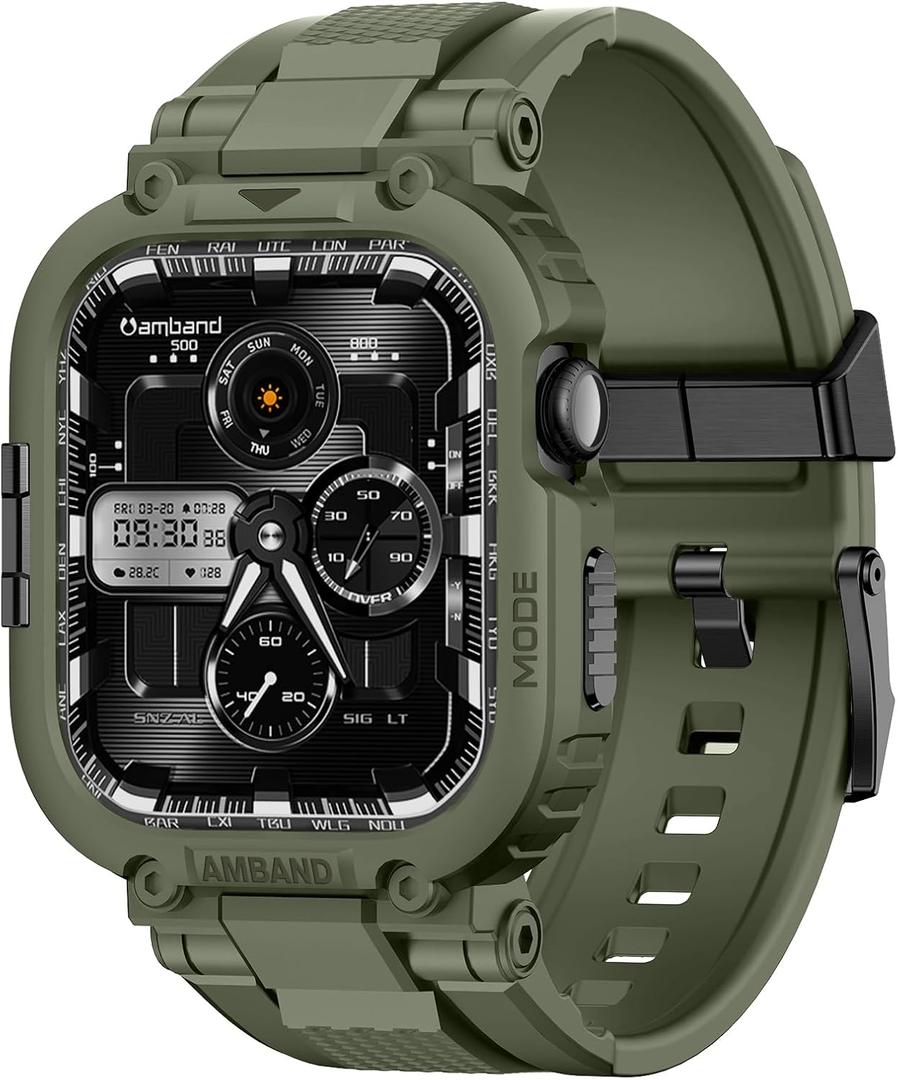 amBand for iWatch Series 10 46mm Band Case Men, M1 Sport Tactical Shockproof Wristband for Apple Watch 46 mm, Perfect for Fitness/Outdoor Enthusiasts Military Fans Fashion Seekers - Army Green