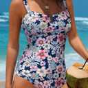 Aleumdr Women's One Piece Swimsuits Tummy Control Bathing Suits V Neck Boho Tie Shoulder Ruched Full Coverage Swimwear (Blue, M)