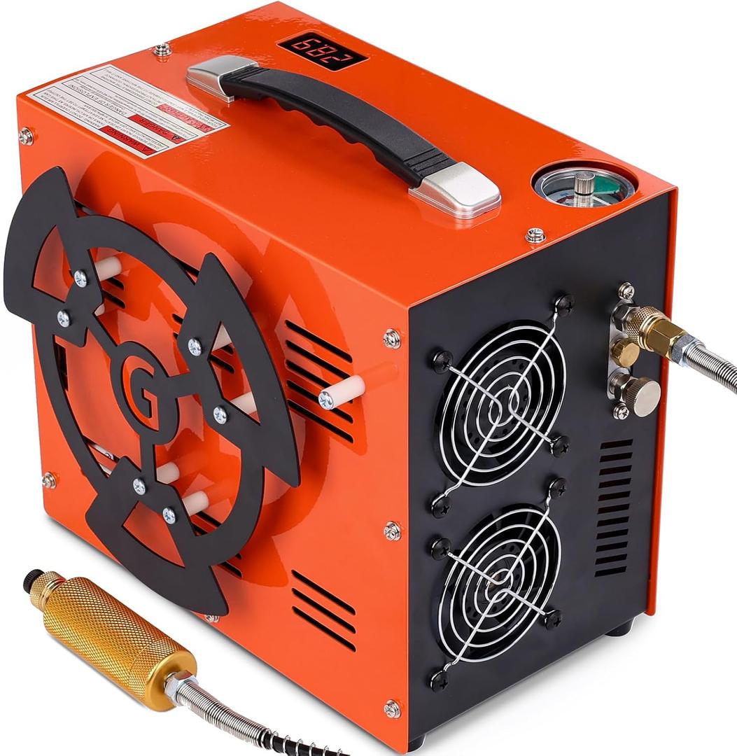 PCP Air Compressor, 4500 PSI / 30 MPa, 350W Motor, Auto Stop, Built-in Adapter, 12V DC or 110V / 220V AC Power, Portable Water/Oil-Free Pump for Paintball, Air Rifle, Airguns, HPA Tanks, Orange