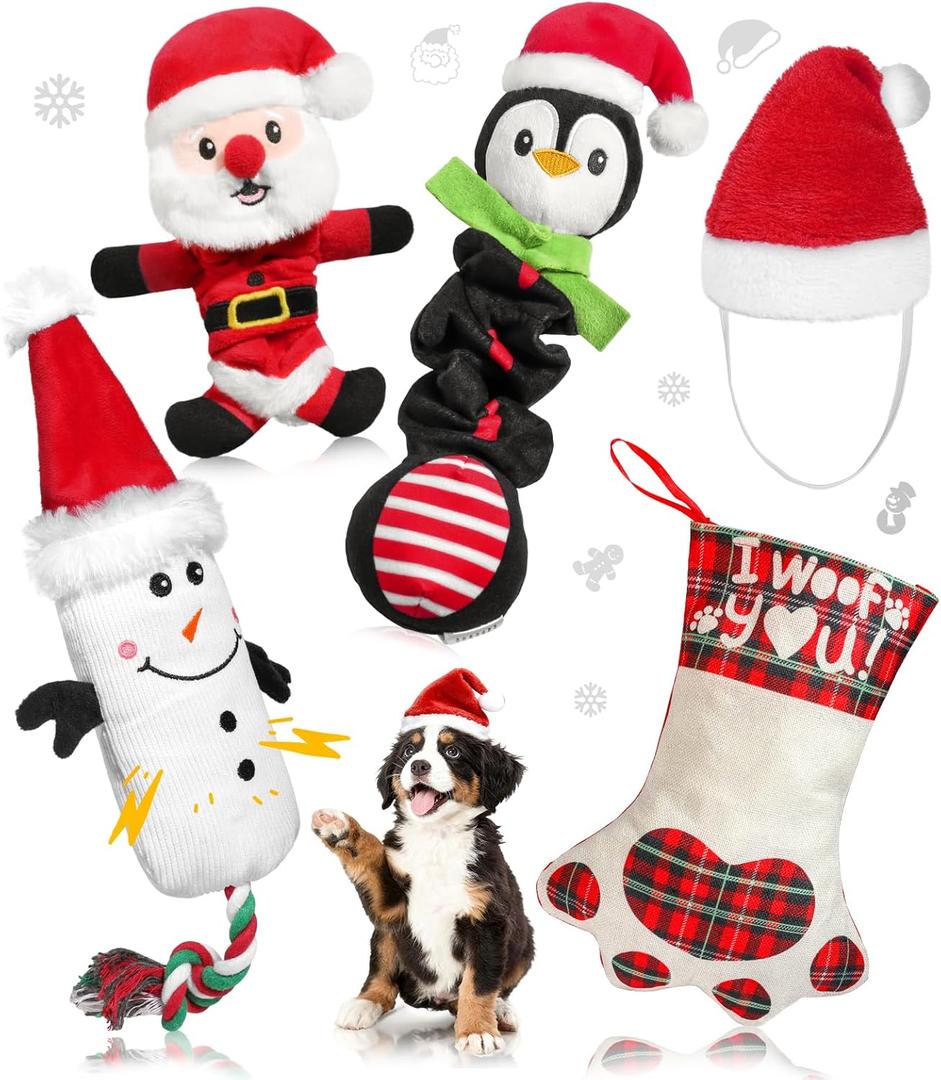 Swooflia 5 Pcs Christmas Dog Toys Stocking Stuffers - Cat Hat Plush Squeaky Dog Toys for Small Dog Cat Puppy Pet to Keep Them Busy and Celebrate Xmas (Not for Big & Aggressive Chewer)