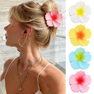4 Pcs Hawaiian Flower Hair Claw Clips for WomenFrosted Hibiscus Hair Claw ClipsStrong Hold NonslipHair Accessories for Holiday Beach Gifts4 Colors