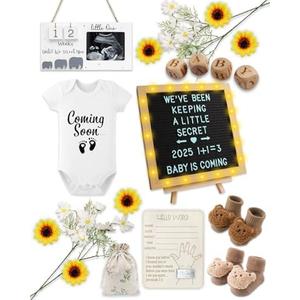 24 PCS Pregnancy Announcement Set, Baby Announcement Gift Sets, Felt Letter Board, Bodysuit, Thick & Thin Socks, Photo Frame, Wood Blocks, Wooden Sign, Pregnancy Reveal Ideas for Coming Soon Baby