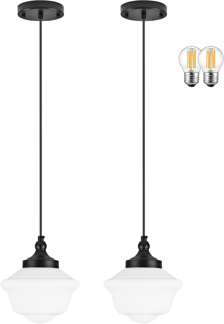 2 Pack 8" Milk Glass Pendant Light Black Schoolhouse Light Fixture Schoolhouse Pendant Light Milk Glass Light Fixture Mid Century Modern Ceiling Light for Bedroom Bathroom Kitchen (Bulb Incl.)