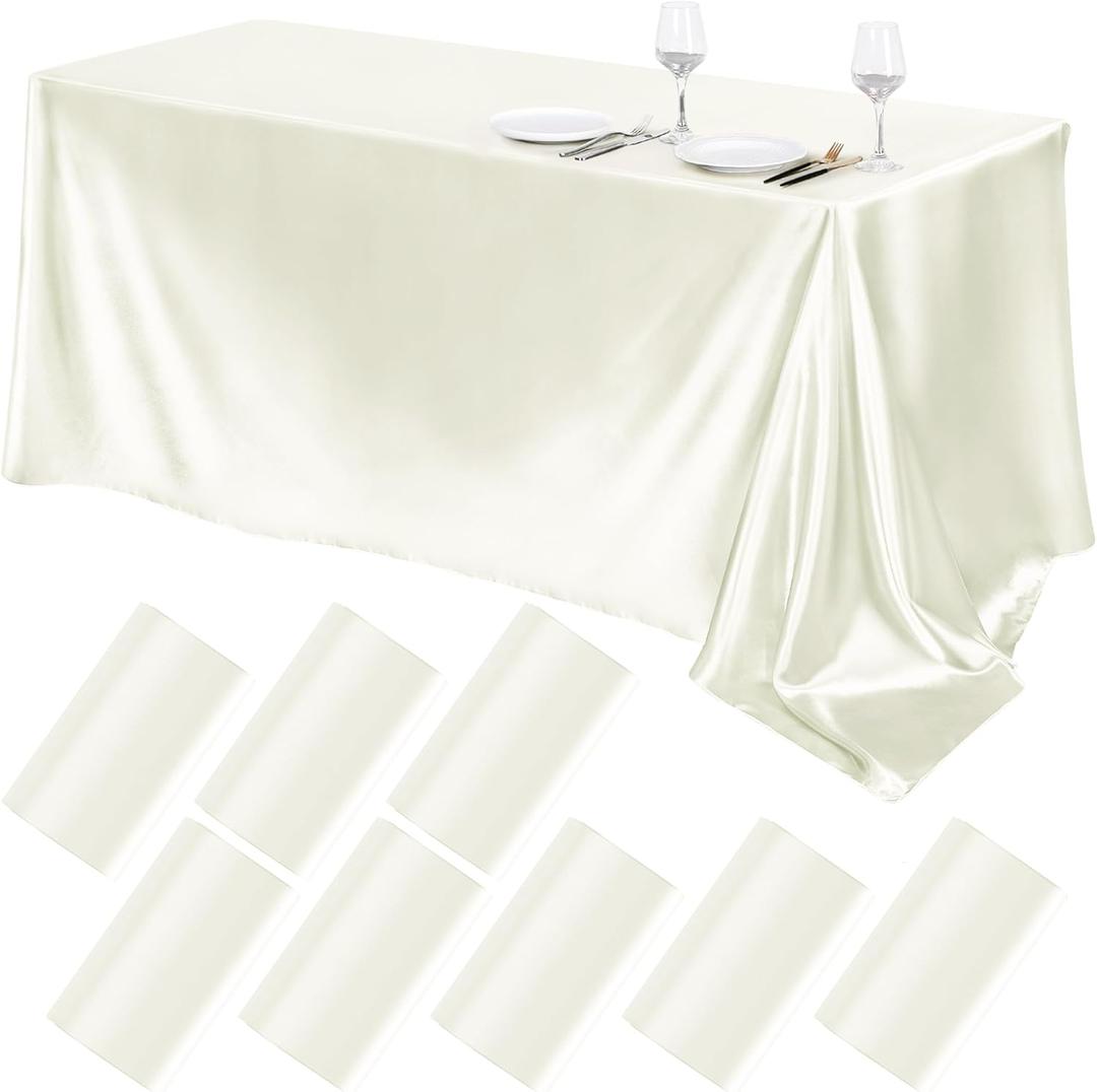 TURSTIN 8 Packs Ivory Satin Tablecloth 102 x 58 Inch Overlay Satin Table Cover Rectangle Bright Silk Tablecloth Smooth Fabric Table Decoration for Wedding Banquet Party Events