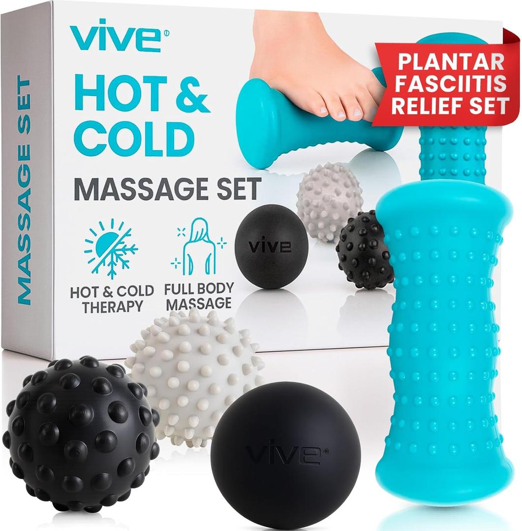 Vive Massage Ball Set (4 Piece) - Plantar Fasciitis Relief Foot Pain Hot Cold Therapy - Heel Spur, Sore Muscle, Trigger Point, Back, Arm, Neck, Shoulder, Leg Circulation Roller