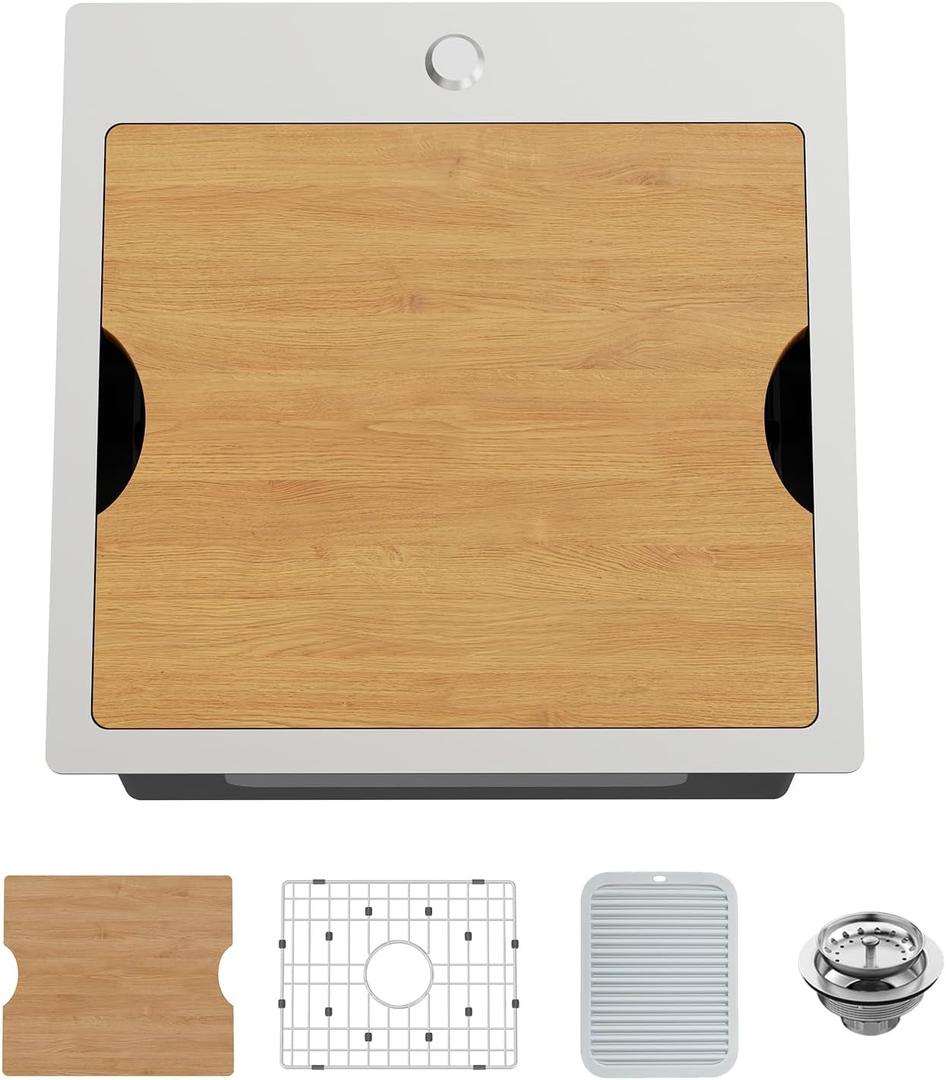 Kitchen Sink Workstation,18x18 In Stainless Steel Drop In Single Bowl Bar Sink Built-in Ledge Small Topmount Workstation Sink With Accessory-SS Grid Cutting Board,Silicon Mat,Drain Assembly