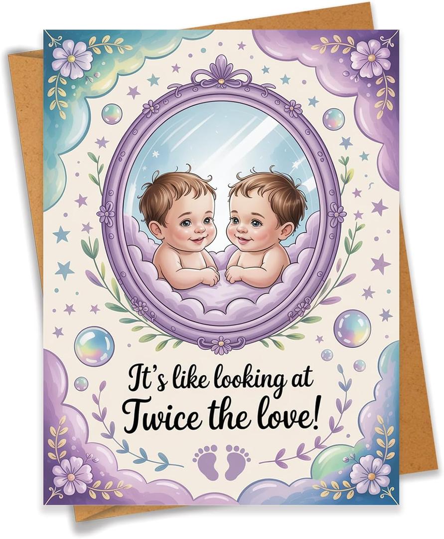 Its Like Looking At Twice the Love Cute Twins Baby Shower Card Pregnancy Gift For Expecting Mom Dad Newborn Congratulations New Parents - Size 6.3"x4.7" Blank Inside with Kraft Envelope