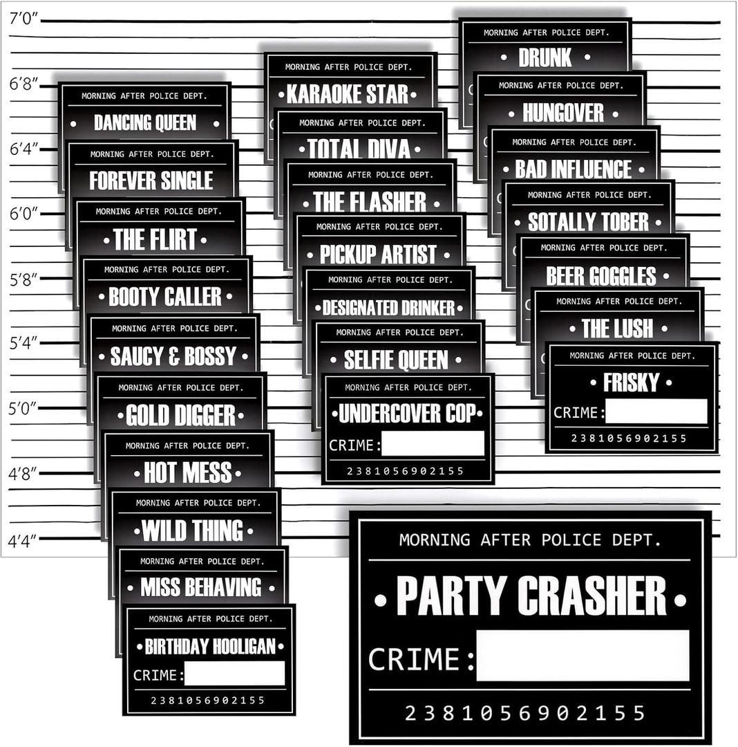 Blue Panda 25 Pack Bachelorette Mugshot Signs w/Height Chart - Bachelorette Backdrop for Wedding, Birthday, Jail Party Decorations, Halloween & Crime Scene - 5x4 Ft Mugshot Sign Pack