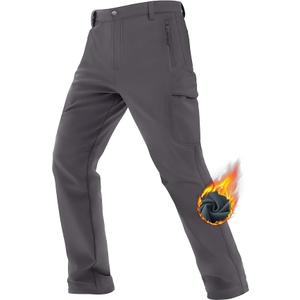 TACVASEN Men's Winter Hiking Pants Fleece Lined Cargo Tactical Work Softshell Snow Ski Waterproof Pants with Pockets, Size 34, Gray