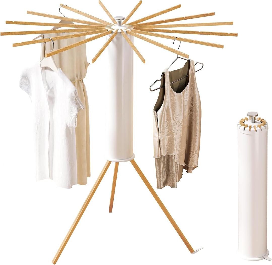 Foldable Tripod Clothes Drying Rack,Beechwood & Portable Laundry Stand, Space-Saving Collapsible Hanger with 16 Arms for Indoor & Outdoor Drying Easy Setup, Stable Base, Fast Air-Drying Design, Tripod-16 Wooden poles