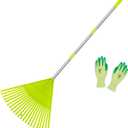 Colwelt Plastic Leaf Rake with 56'' Lightweight Stainless Steel Handle, 22Tines Plastic Head & Garden Gloves for Collecting Loose Debris