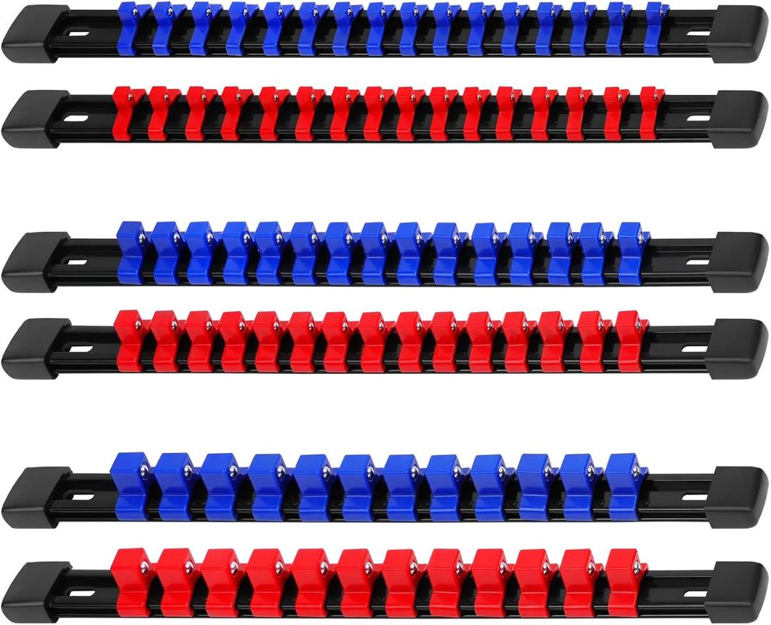 Socket Organizer Holder Set: 6-Piece Premium Quality Socket Rail with Labels for Tool Box Drawer Blue and Red, 1/4-Inch x 32 Clips, 3/8-Inch x 30 Clips, 1/2-Inch x 24 Clips