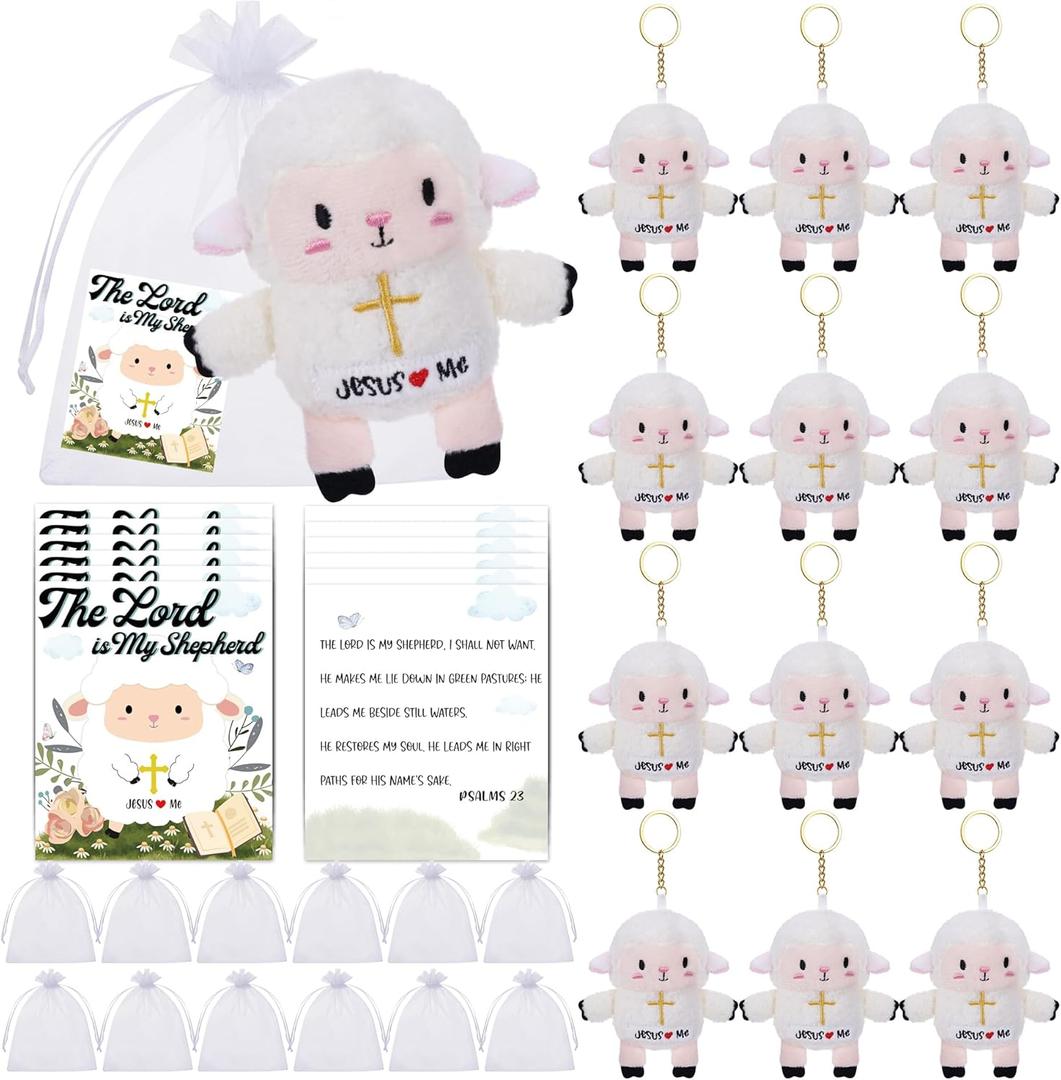 LeYoHa Christian Gifts Lamb Stuffed Animal 12 Pack Baptism Gifts for Girl Boys, Cute Sheep Plush Keychain With Jesus Loves Me Perfect for First Communion Gifts Party Favors, 12 Pack Lamb of God