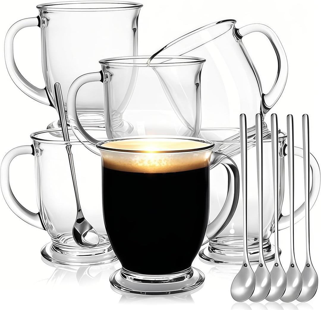 6 Pack Glass Coffee Mugs with 6 Spoons, 15 OZ Clear Drinking Glasses with Handle, Large Espresso Cup, Hot Cold Beverage Glassware Set for Water, Tea, Cappuccino, Latte, Juice, Cocoa, Milk