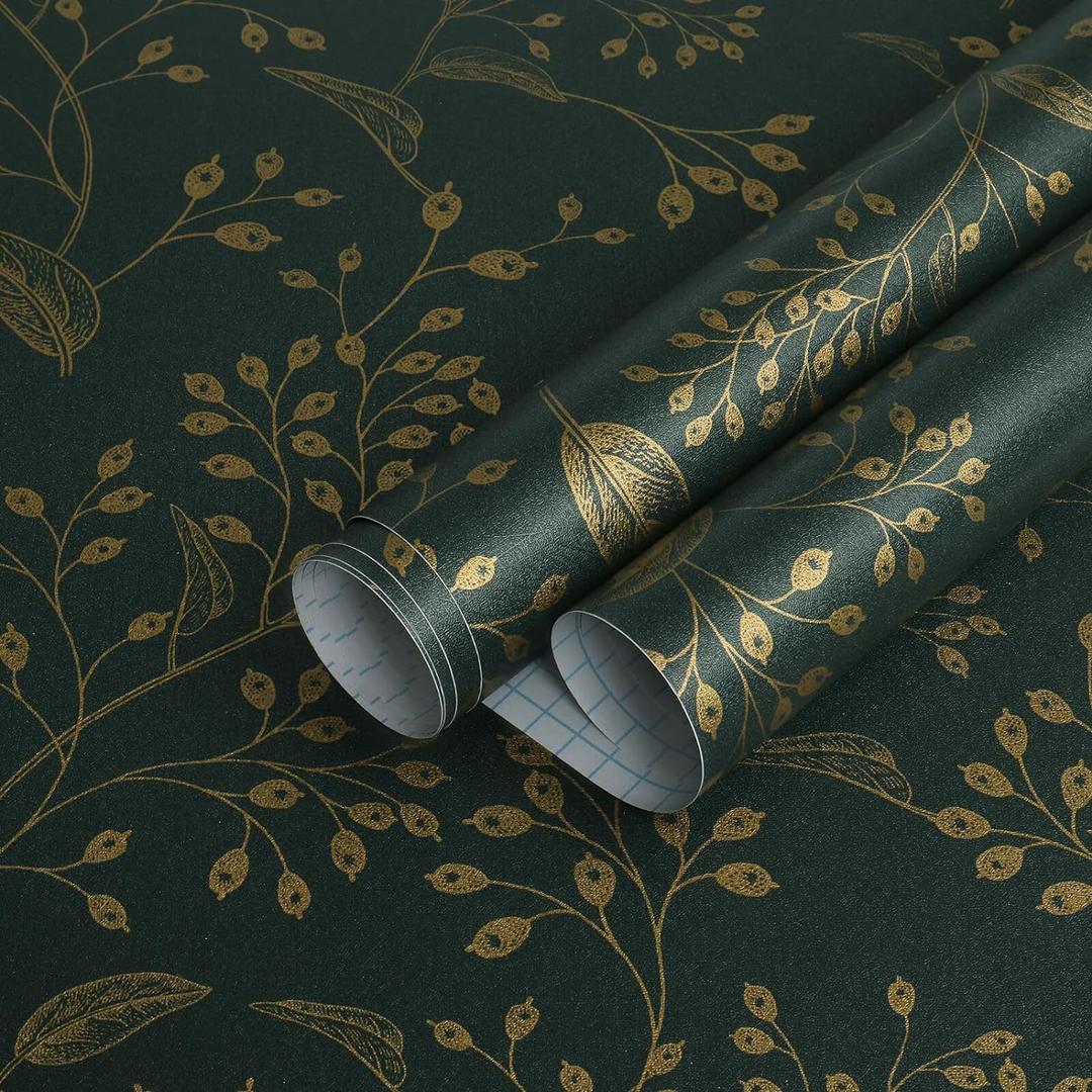 Heroad Dark Green and Gold Floral Peel and Stick Wallpaper 17.3" x 393" Boho Modern Removable Contact Paper for Walls, Cabinets, Furniture