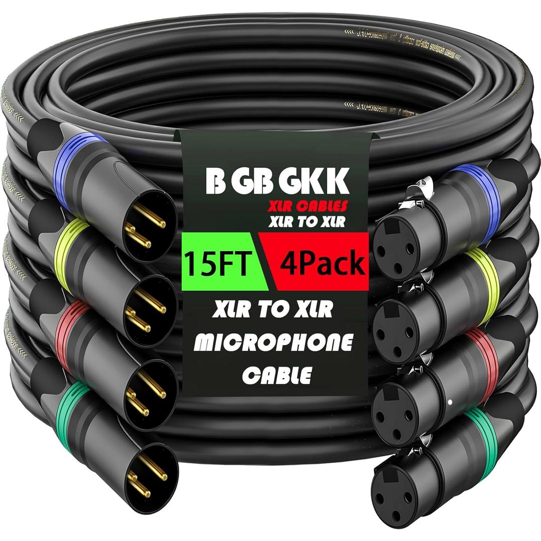 XLR Cables 15ft 4 Pack, Professional XLR Microphone Cable Male to Female, Gold-Plated 3-pin X LR Speaker Cables Balanced Mic Cord, Multicolor