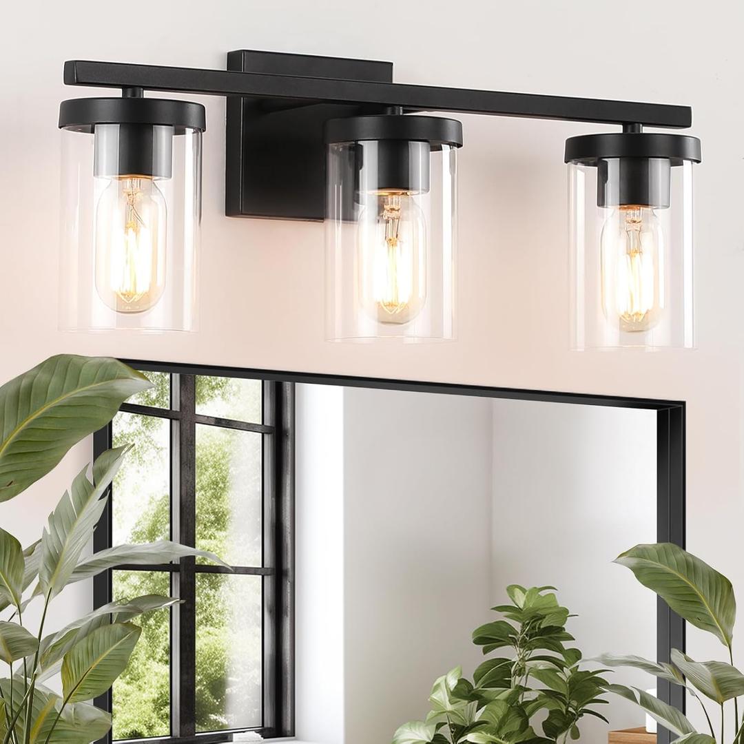 20in Bathroom Light Fixture Over Mirror, 3-Light Matte Black Vanity Lights with Clear Glass Shades, Modern Wall Sconces for Living Room, Bedroom, Hallway, E26 Base
