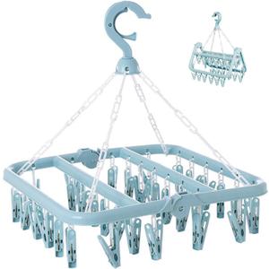 Clothes Drying Rack with 32 Clips, Foldable Hanging Rack, 360 Rotatable Hook for Drying Socks Baby Clothes Towels Gloves(Light Blue)