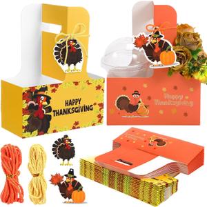 TaoBary 30 Set Thanksgiving 2 Cup Drink Carrier with Handle Portable Foldable Tray Drink Holder Yellow Orange Disposable Cardboard Coffee Cup Holder with Pumpkin Maple Leaf Cards, Thanksgiving Gifts