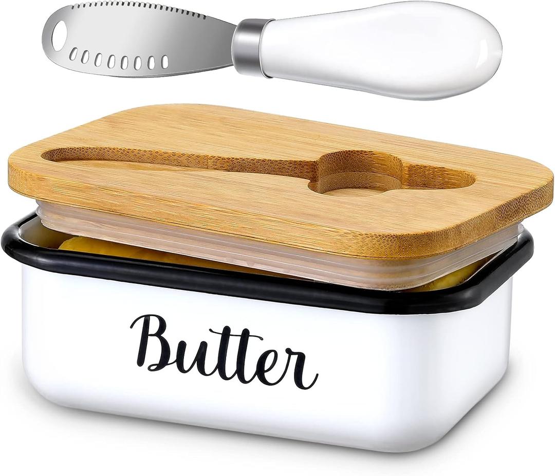 LANDNEOO Butter Dish with Lid and Butter Curler Knife - Unbreakable Stainless Steel Keeper Container with Double Silicone Sealing, for Kitchen Farmhouse Decor (White)